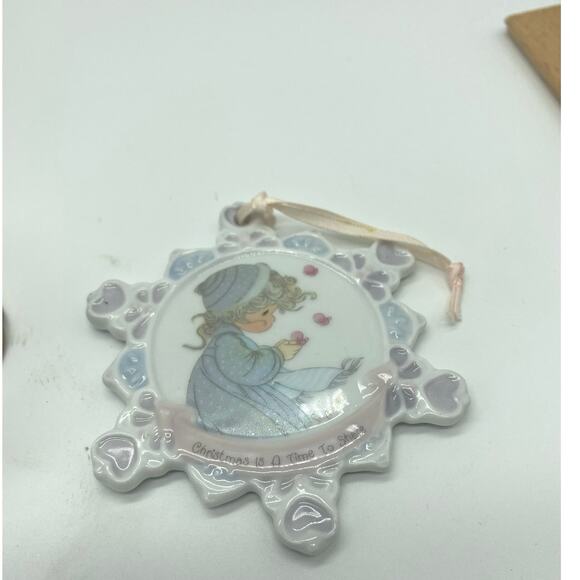 Two Precious moments Christmas Ornaments Glass bell, ceramic snowflake. - Picture 2 of 5